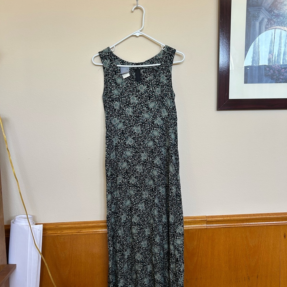 Vintage Black and Green Floral Maxi Dress